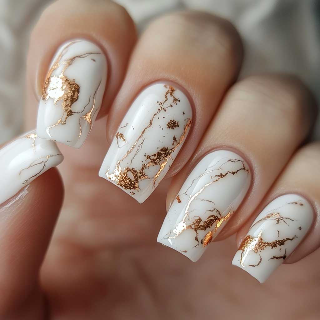 White Marble Nail Design - Glossy White with Gold Marble